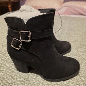 Women's Black Suede Buckle Ankle Boots